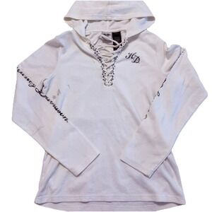 Harley-Davidson Lace Up Thermal Hoodie Womens L White Skull Studded Y2K